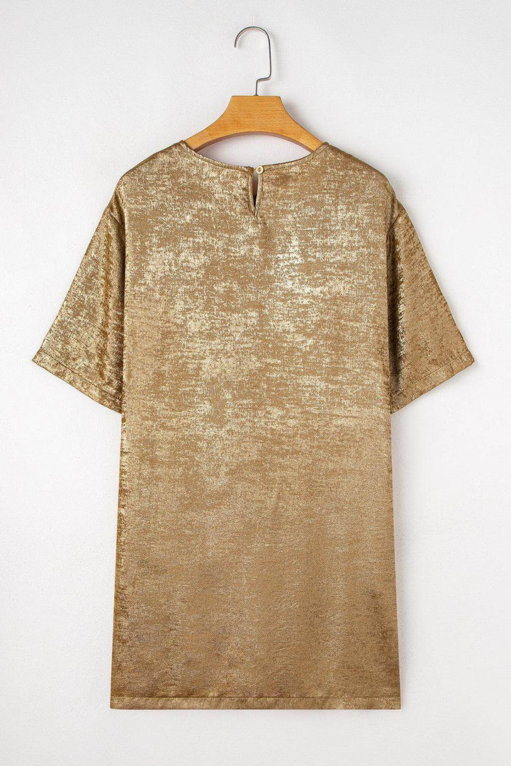 Gold Metallic Luster Crewneck Mini T-Shirt Dress - Fashion Queen -  10