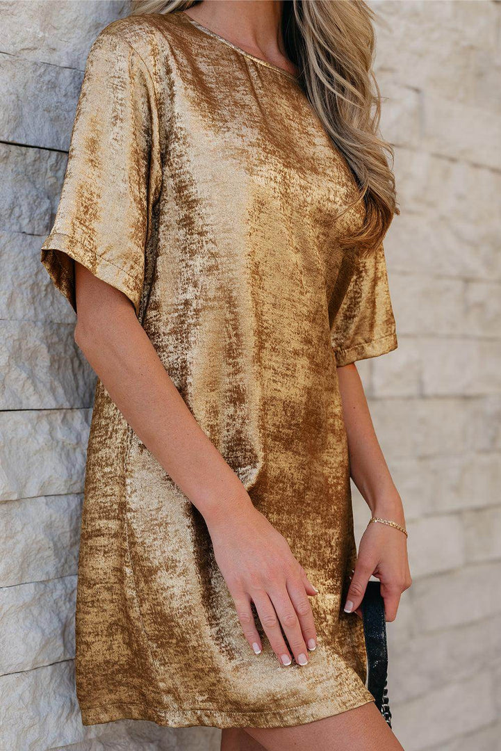 Gold Metallic Luster Crewneck Mini T-Shirt Dress - Fashion Queen -  7