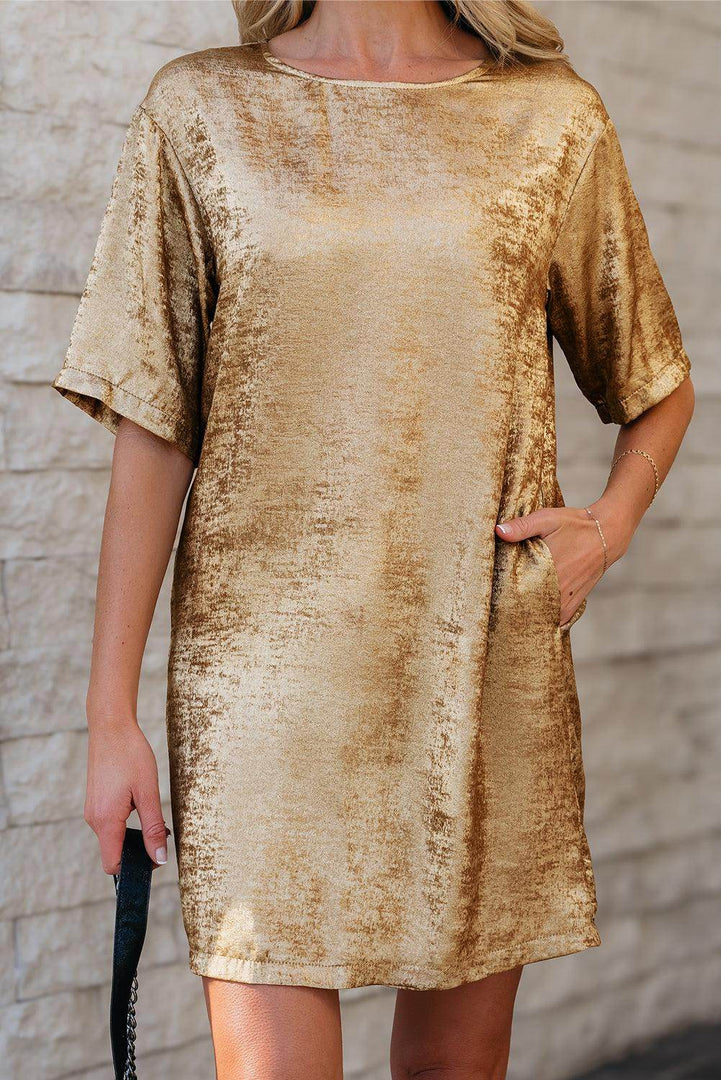 Gold Metallic Luster Crewneck Mini T-Shirt Dress - Fashion Queen -  8