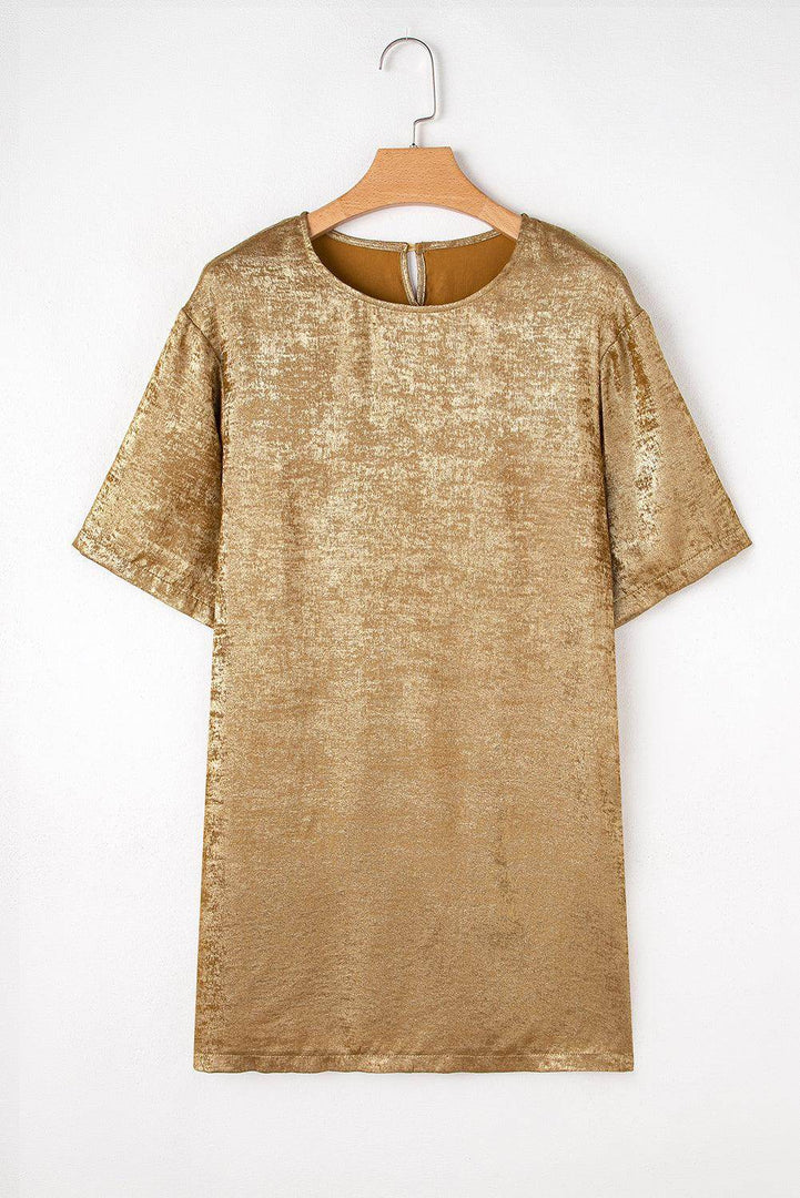 Gold Metallic Luster Crewneck Mini T-Shirt Dress - Fashion Queen -  9