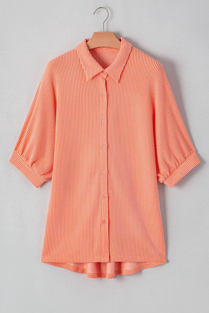 Grapefruit Orange Corded Half Sleeve Button Up High Low Hem Loose Shirt - Fashion Queen -  10