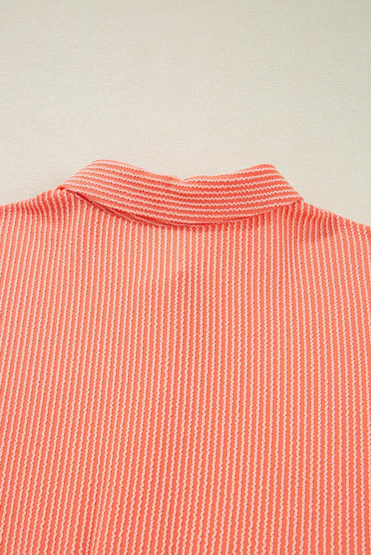 Grapefruit Orange Corded Half Sleeve Button Up High Low Hem Loose Shirt - Fashion Queen -  13