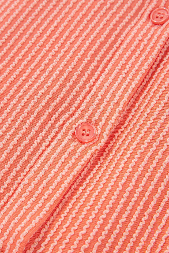 Grapefruit Orange Corded Half Sleeve Button Up High Low Hem Loose Shirt - Fashion Queen -  15