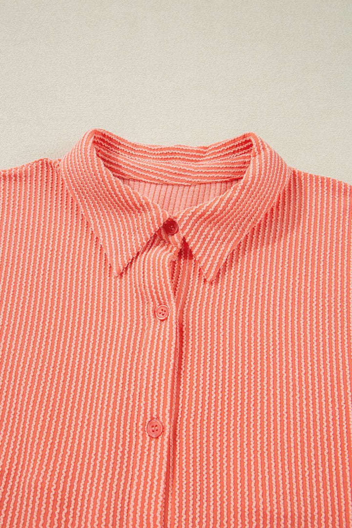 Grapefruit Orange Corded Half Sleeve Button Up High Low Hem Loose Shirt - Fashion Queen -  17