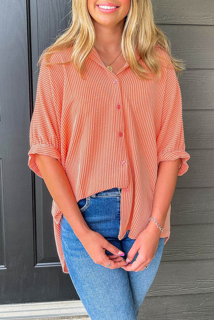 Grapefruit Orange Corded Half Sleeve Button Up High Low Hem Loose Shirt - Fashion Queen -  7