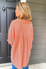 Load image into Gallery viewer, Grapefruit Orange Corded Half Sleeve Button Up High Low Hem Loose Shirt - Fashion Queen -  8
