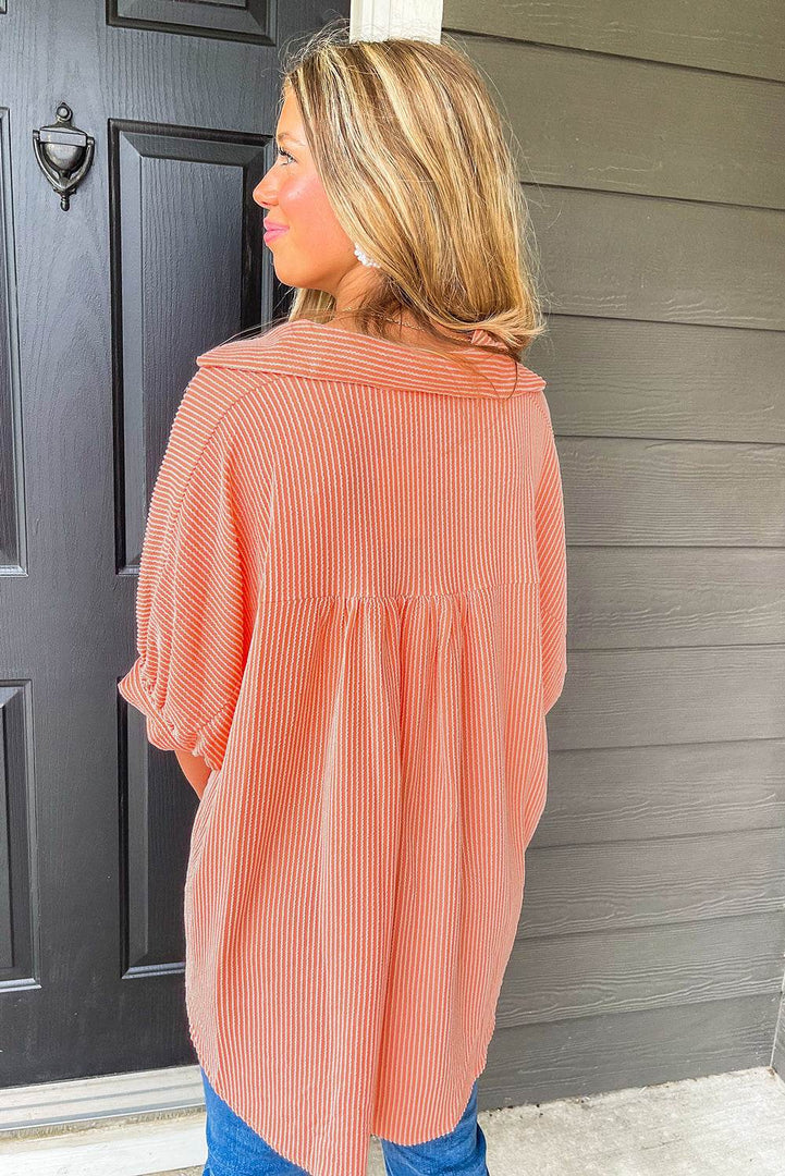Grapefruit Orange Corded Half Sleeve Button Up High Low Hem Loose Shirt - Fashion Queen -  8