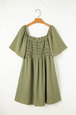 Load image into Gallery viewer, Grass Green Frilly Square Neck Flutter Sleeve Smocked High Waist Plus Size Dress - Fashion Queen -  4
