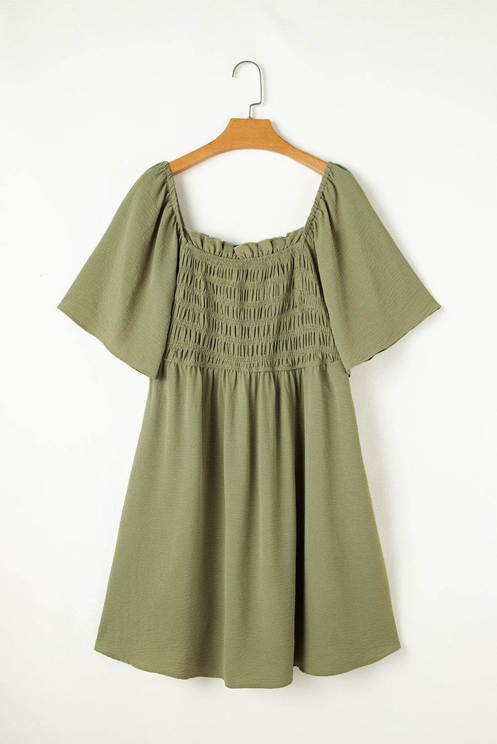Grass Green Frilly Square Neck Flutter Sleeve Smocked High Waist Plus Size Dress - Fashion Queen -  4