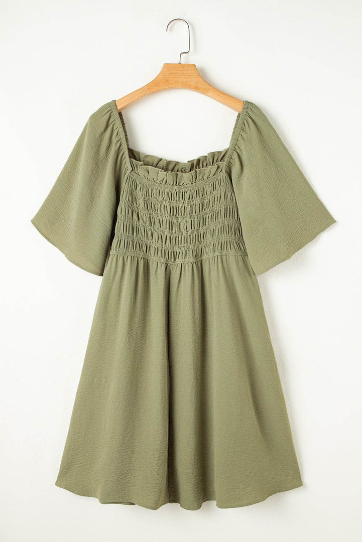 Grass Green Frilly Square Neck Flutter Sleeve Smocked High Waist Plus Size Dress - Fashion Queen -  5