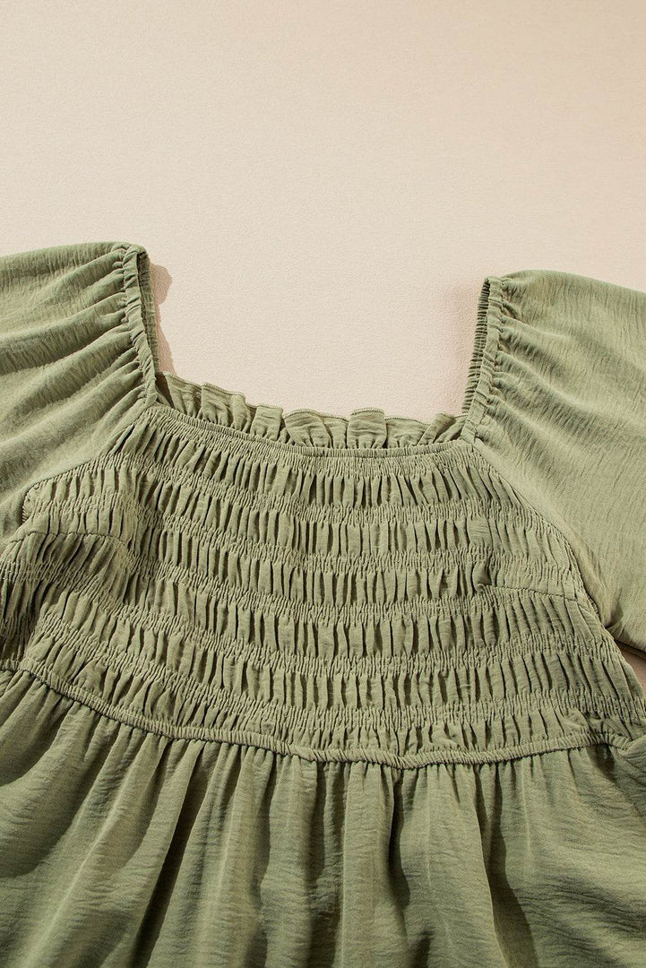 Grass Green Frilly Square Neck Flutter Sleeve Smocked High Waist Plus Size Dress - Fashion Queen -  6