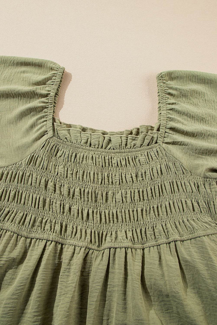 Grass Green Frilly Square Neck Flutter Sleeve Smocked High Waist Plus Size Dress - Fashion Queen -  9