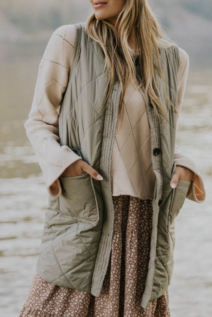Grass Green Quilted Long Vest Jacket with Pockets - Fashion Queen -  1
