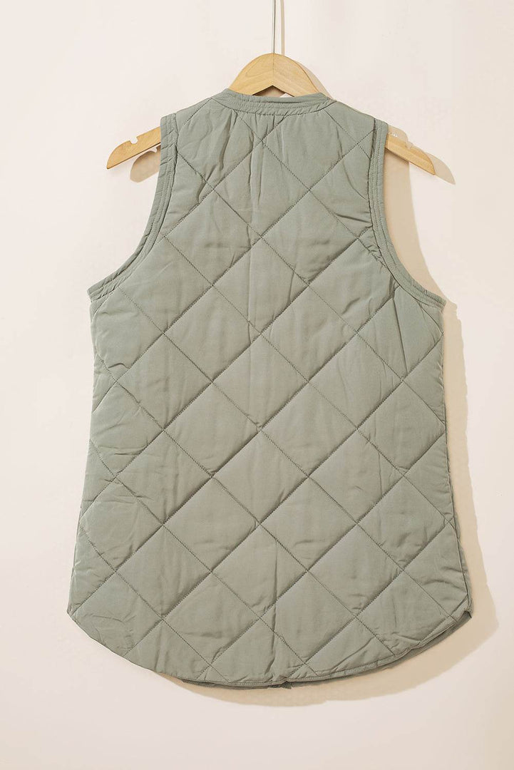 Grass Green Quilted Long Vest Jacket with Pockets - Fashion Queen -  10