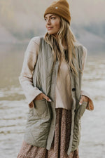 Load image into Gallery viewer, Grass Green Quilted Long Vest Jacket with Pockets - Fashion Queen -  8
