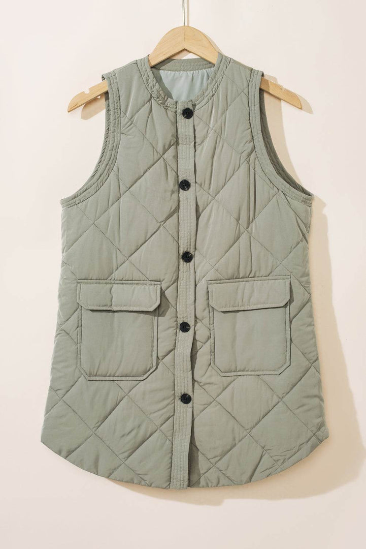 Grass Green Quilted Long Vest Jacket with Pockets - Fashion Queen -  9
