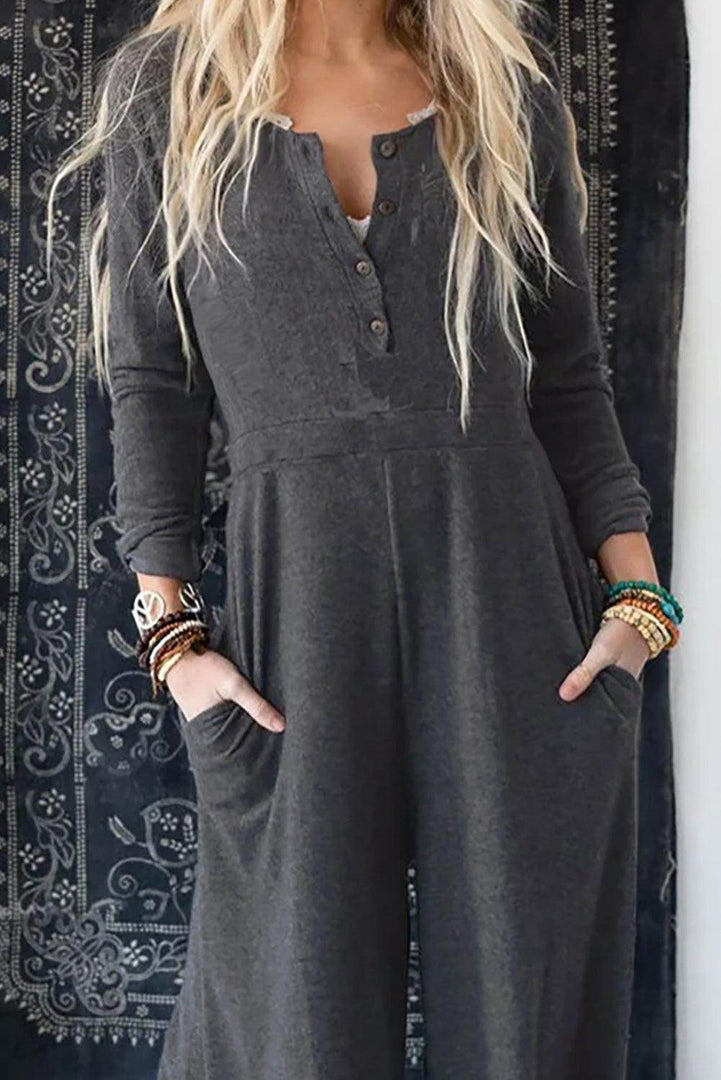 Gray Button Long Sleeve Wide Leg Jumpsuit - Fashion Queen -  2