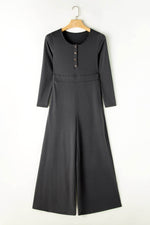 Load image into Gallery viewer, Gray Button Long Sleeve Wide Leg Jumpsuit - Fashion Queen -  3

