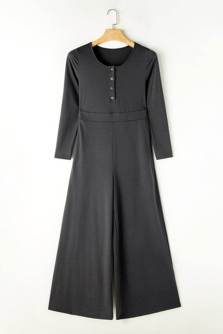 Gray Button Long Sleeve Wide Leg Jumpsuit - Fashion Queen -  3