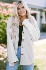 Load image into Gallery viewer, Gray Button Up Contrast Knitted Sleeves Hooded Jacket - Fashion Queen -  1
