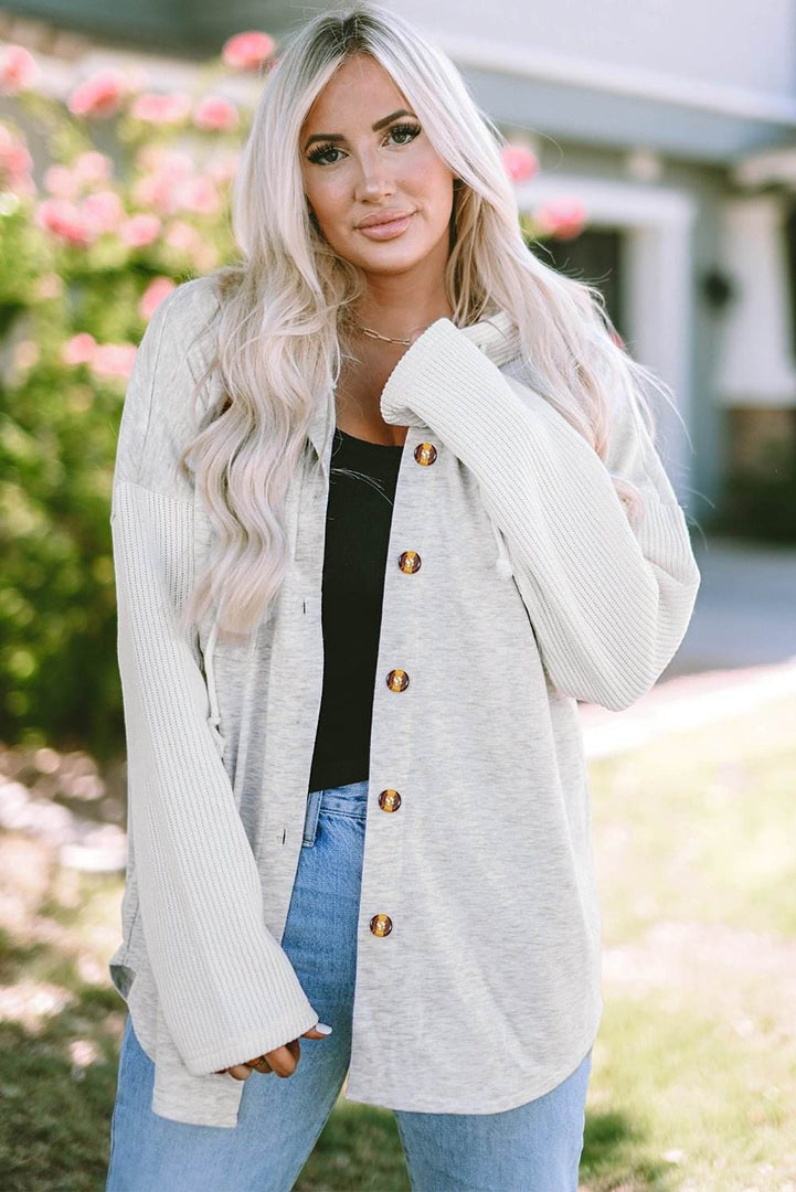 Gray Button Up Contrast Knitted Sleeves Hooded Jacket - Fashion Queen -  1