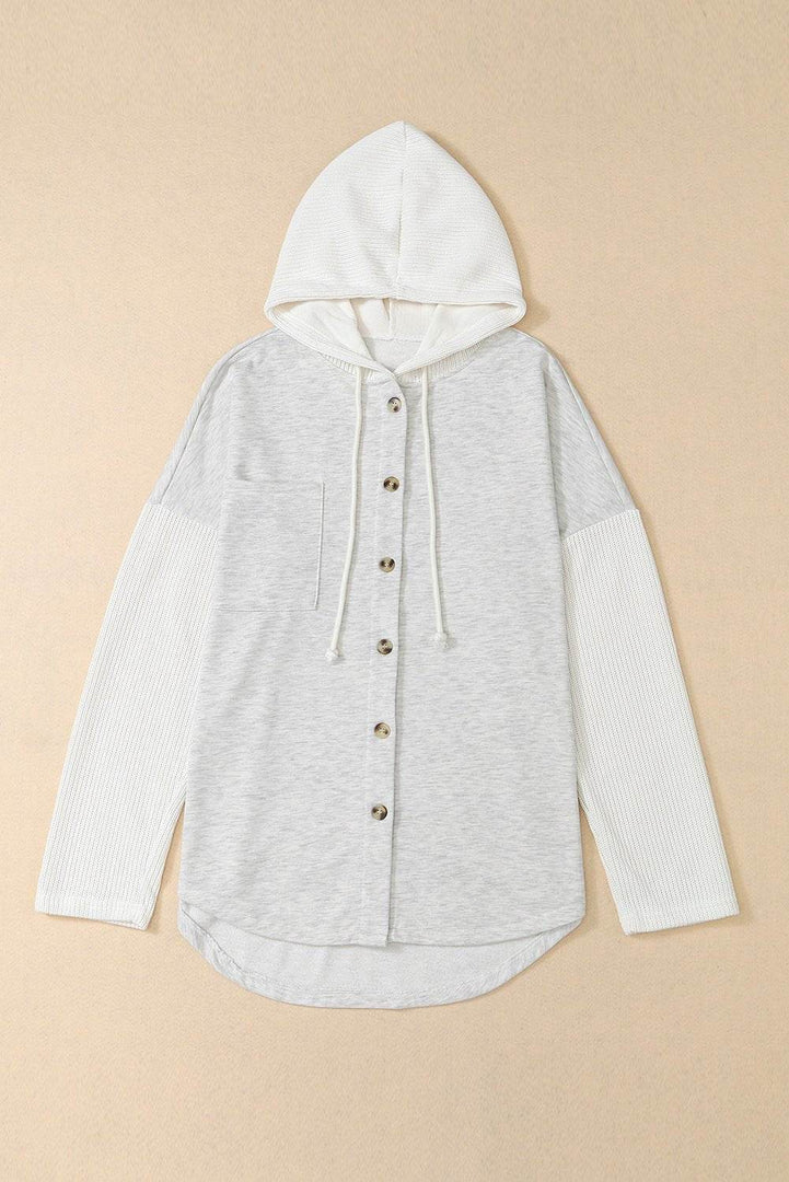 Gray Button Up Contrast Knitted Sleeves Hooded Jacket - Fashion Queen -  13