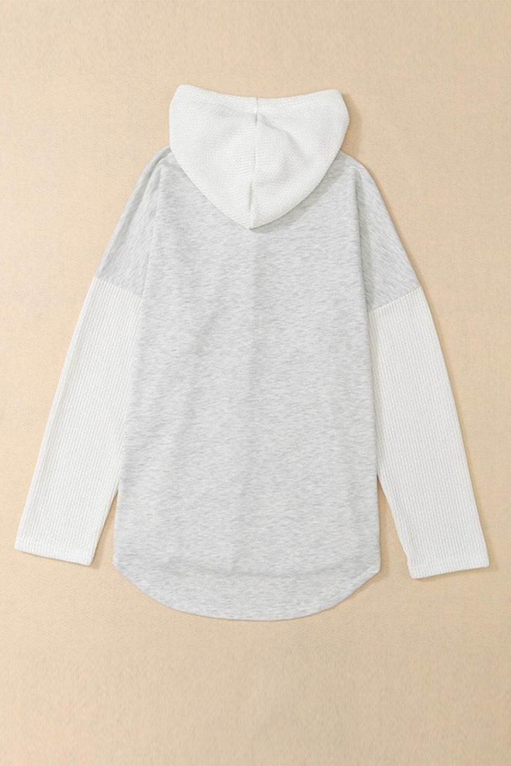 Gray Button Up Contrast Knitted Sleeves Hooded Jacket - Fashion Queen -  14