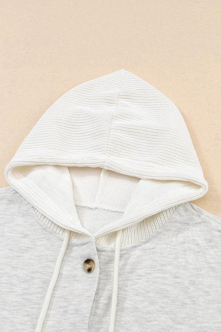 Gray Button Up Contrast Knitted Sleeves Hooded Jacket - Fashion Queen -  15