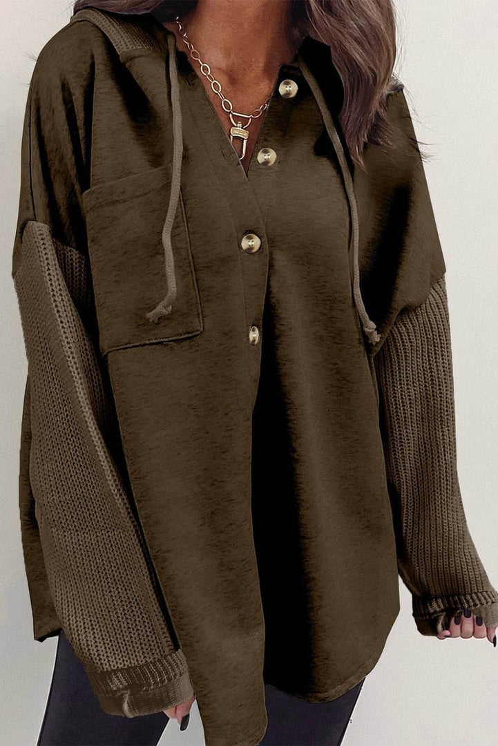 Gray Button Up Contrast Knitted Sleeves Hooded Jacket - Fashion Queen -  20