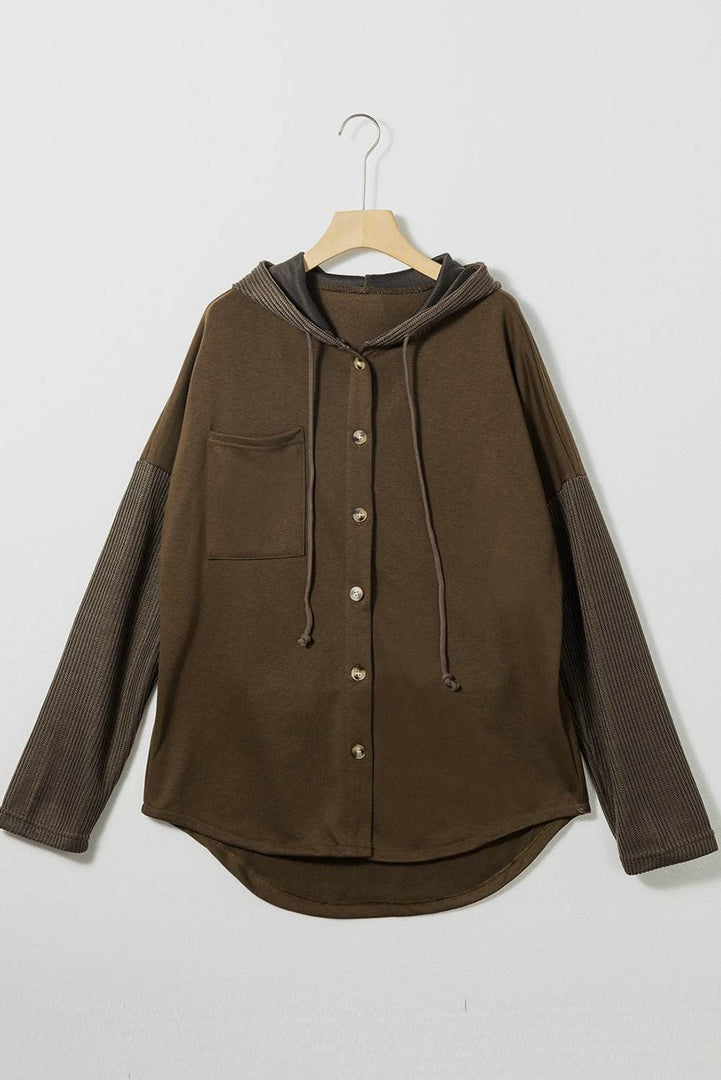 Gray Button Up Contrast Knitted Sleeves Hooded Jacket - Fashion Queen -  22