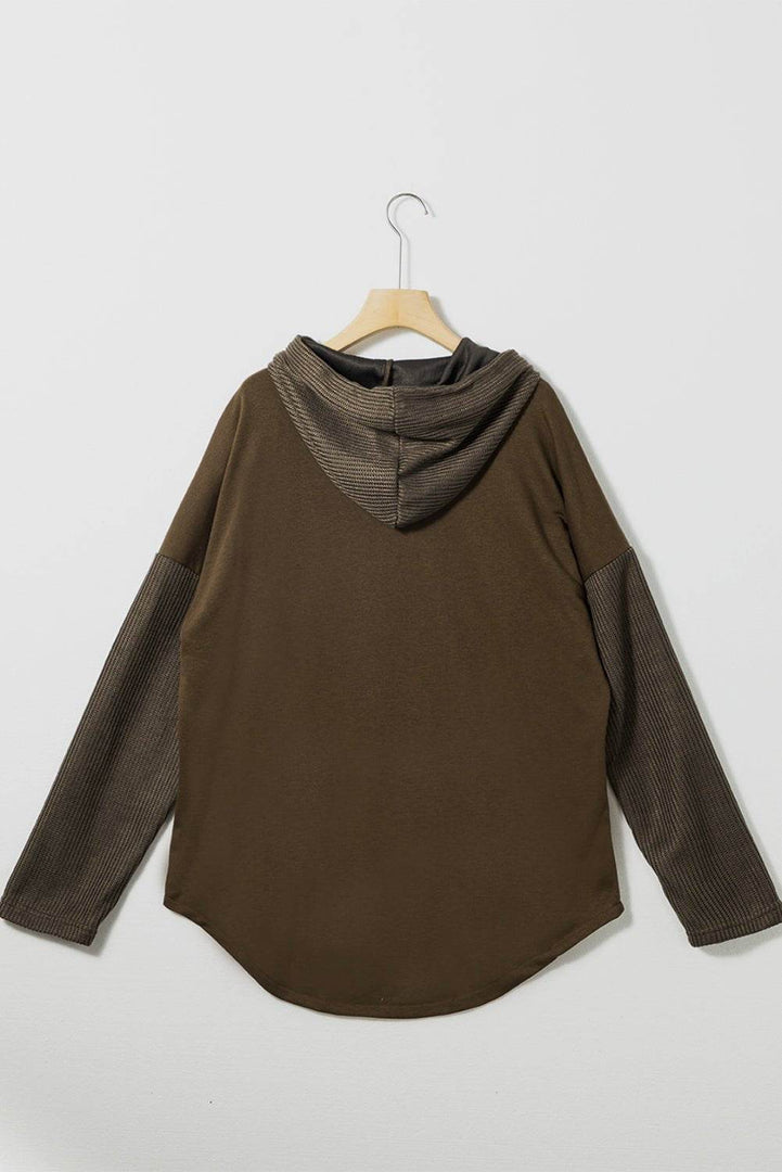 Gray Button Up Contrast Knitted Sleeves Hooded Jacket - Fashion Queen -  23