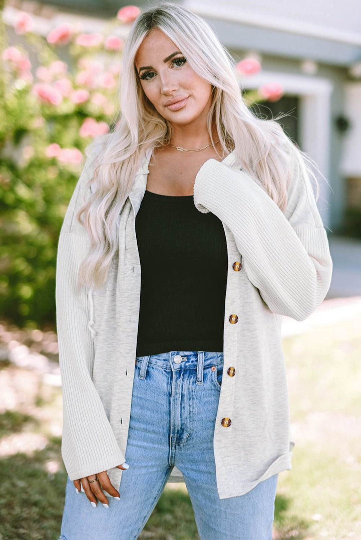 Gray Button Up Contrast Knitted Sleeves Hooded Jacket - Fashion Queen -  6