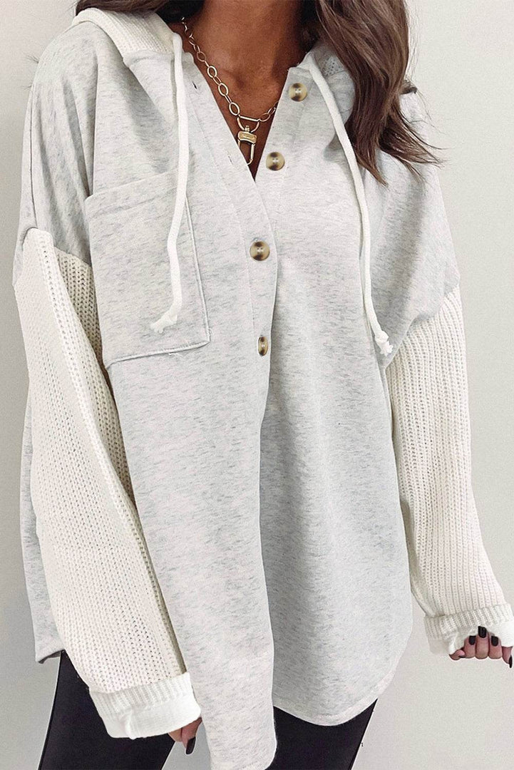 Gray Button Up Contrast Knitted Sleeves Hooded Jacket - Fashion Queen -  7