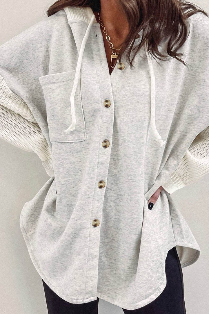 Gray Button Up Contrast Knitted Sleeves Hooded Jacket - Fashion Queen -  9