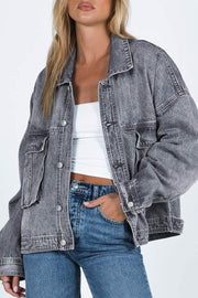 Gray Chest Pockets Drop Shoulder Loose Denim Jacket - Fashion Queen -  1
