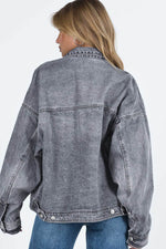 Load image into Gallery viewer, Gray Chest Pockets Drop Shoulder Loose Denim Jacket - Fashion Queen -  2
