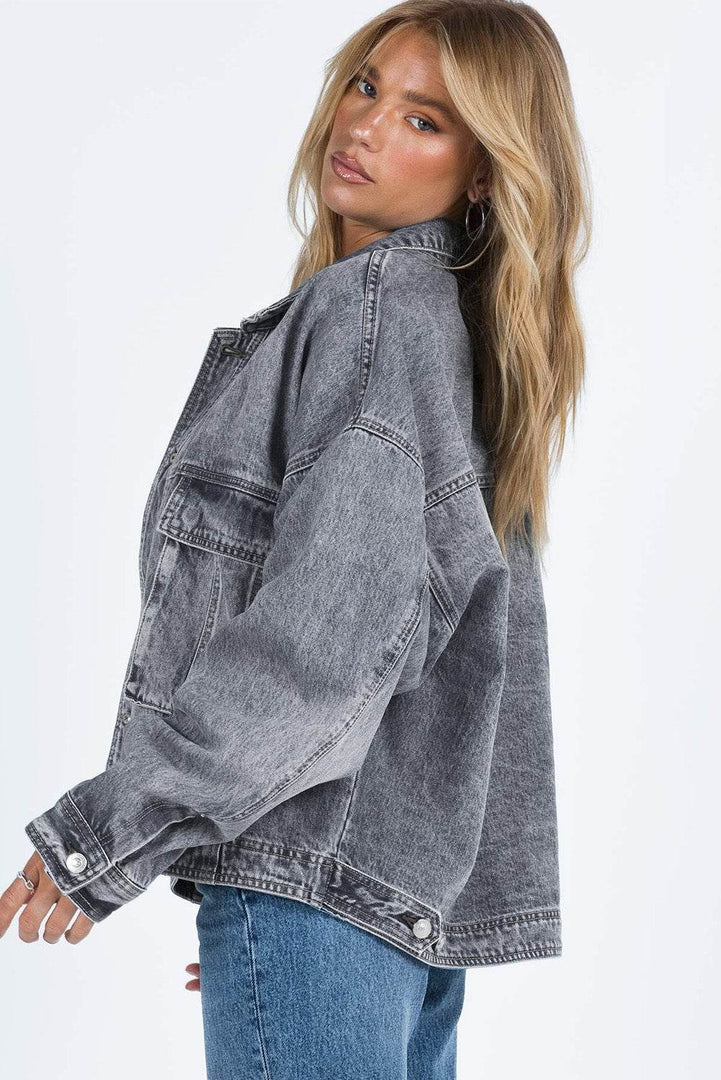 Gray Chest Pockets Drop Shoulder Loose Denim Jacket - Fashion Queen -  3