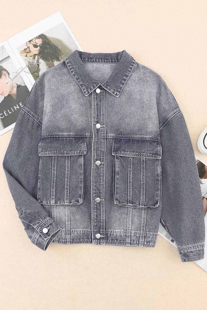 Gray Chest Pockets Drop Shoulder Loose Denim Jacket - Fashion Queen -  5