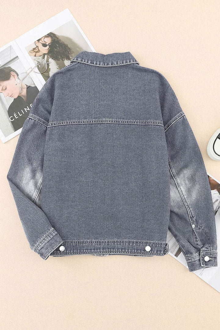 Gray Chest Pockets Drop Shoulder Loose Denim Jacket - Fashion Queen -  6