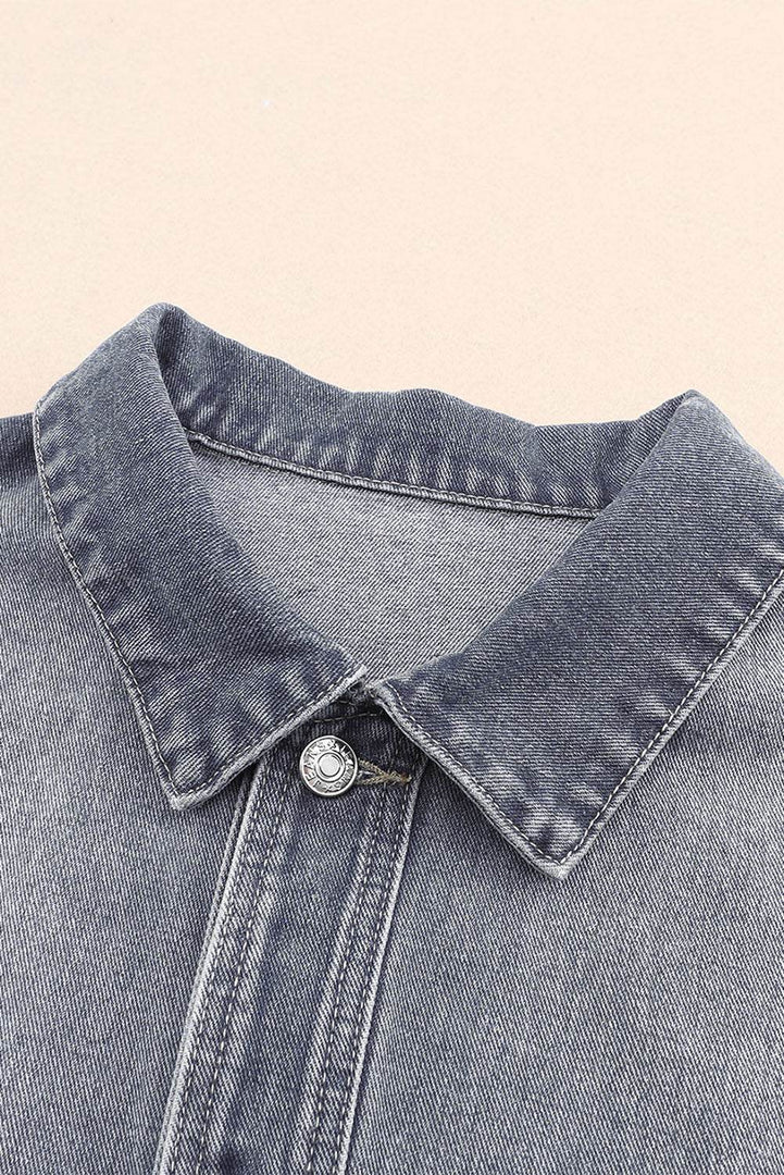 Gray Chest Pockets Drop Shoulder Loose Denim Jacket - Fashion Queen -  8