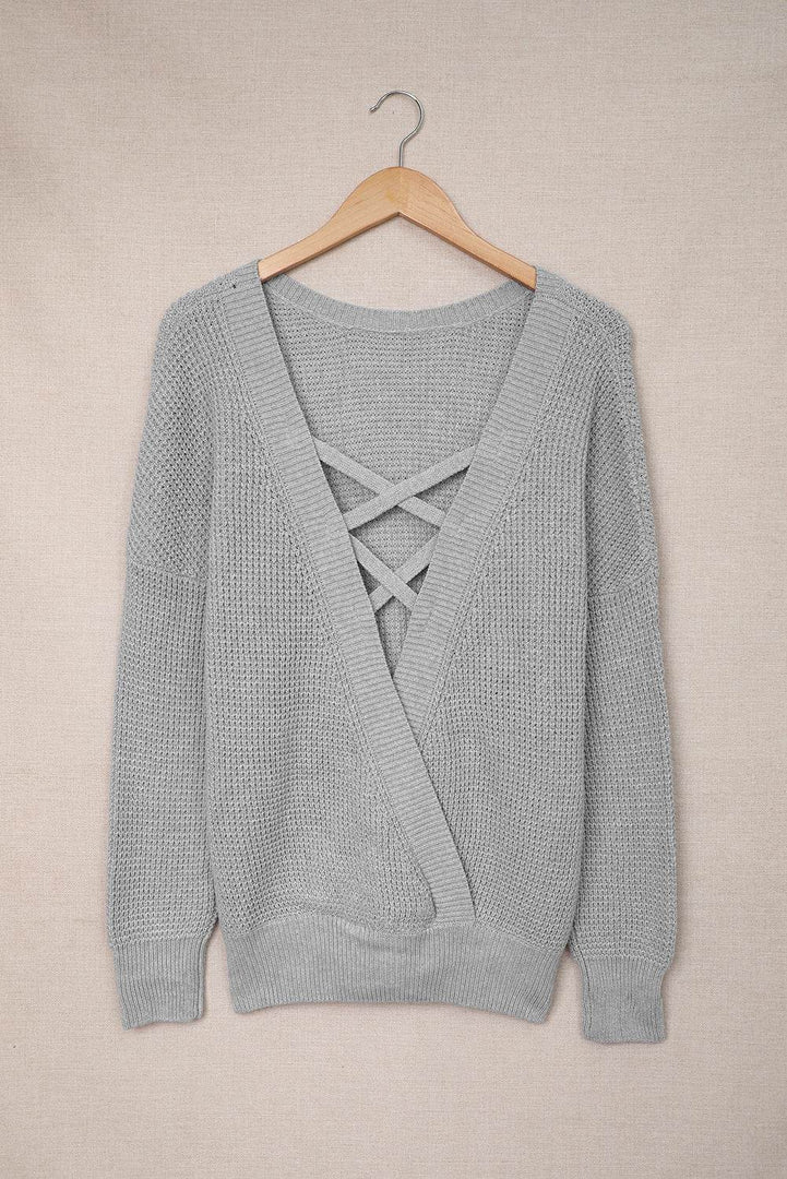 Gray Cross Back Hollow-out Sweater - Fashion Queen -  6