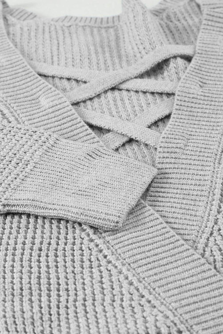 Gray Cross Back Hollow-out Sweater - Fashion Queen -  8