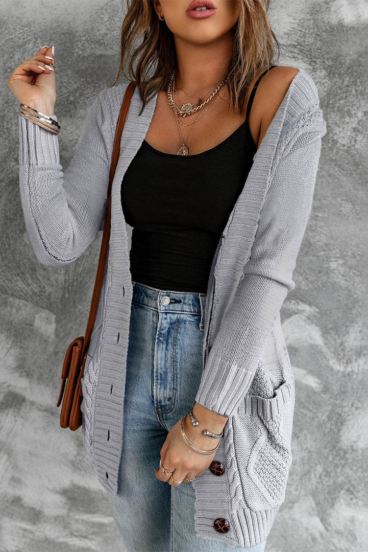Gray Front Pocket and Buttons Closure Cardigan - Fashion Queen -  1