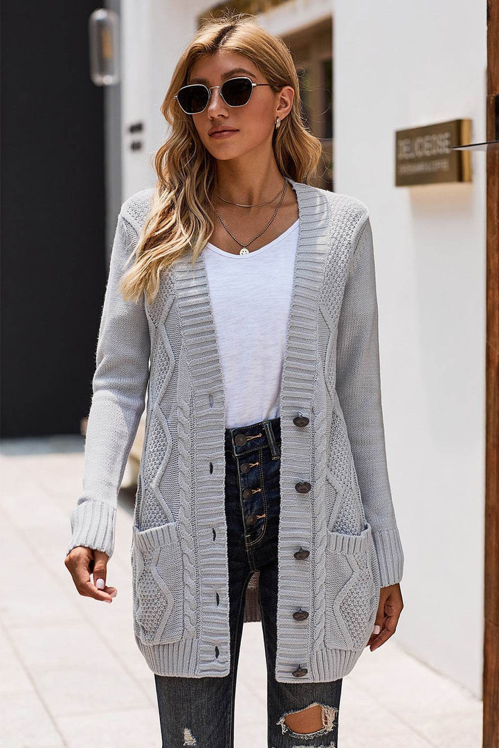 Gray Front Pocket and Buttons Closure Cardigan - Fashion Queen -  8