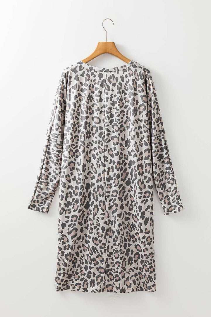 Gray Leopard Print V Neck Loose Fit Mini Dress - Fashion Queen -  10