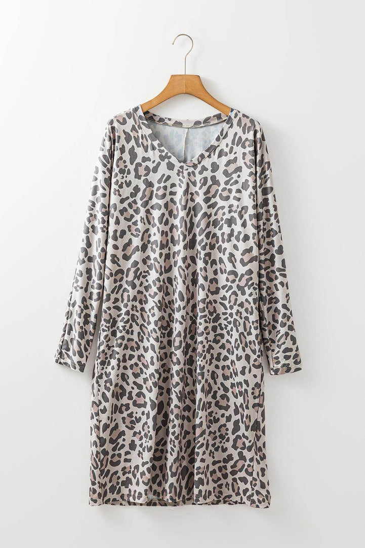 Gray Leopard Print V Neck Loose Fit Mini Dress - Fashion Queen -  9