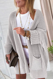 Gray Oversized Fold Over Sleeve Open Front Cardigan - Fashion Queen -  1