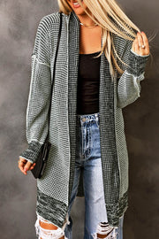 Gray Plaid Knitted Long Open Front Cardigan - Fashion Queen -  1