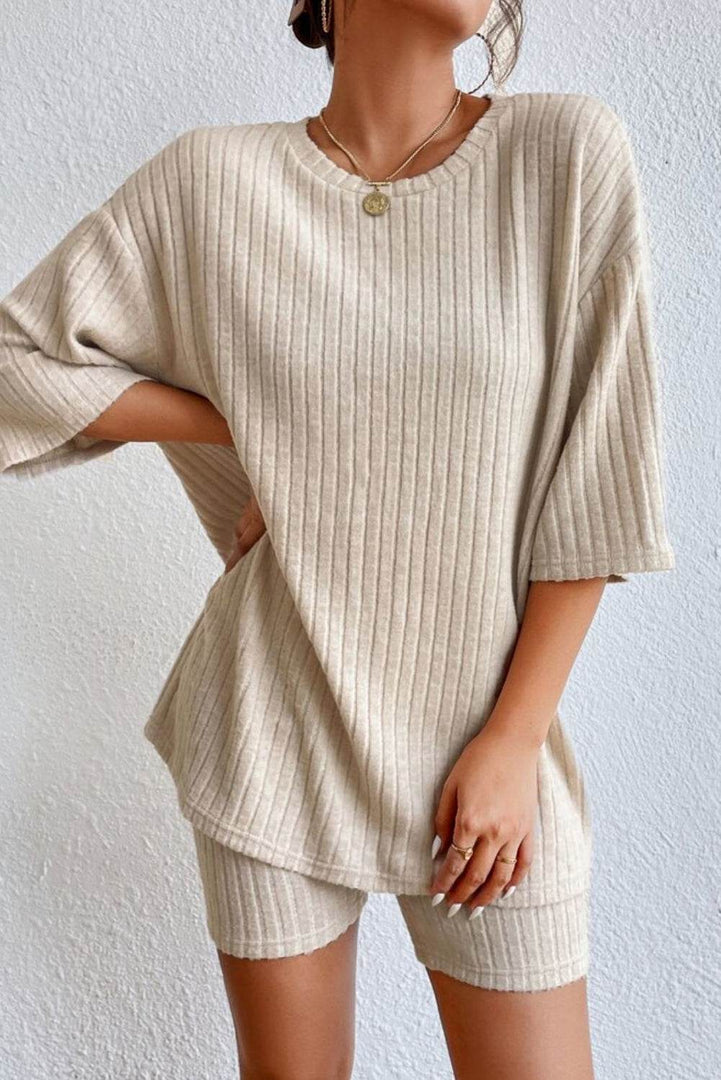 Gray Plain Ribbed Loose Fit Two Piece Lounge Set - Fashion Queen -  4