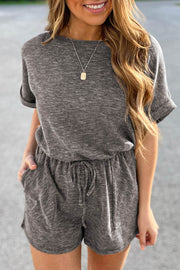 Gray Ribbed Elastic Waist Romper - Fashion Queen -  1